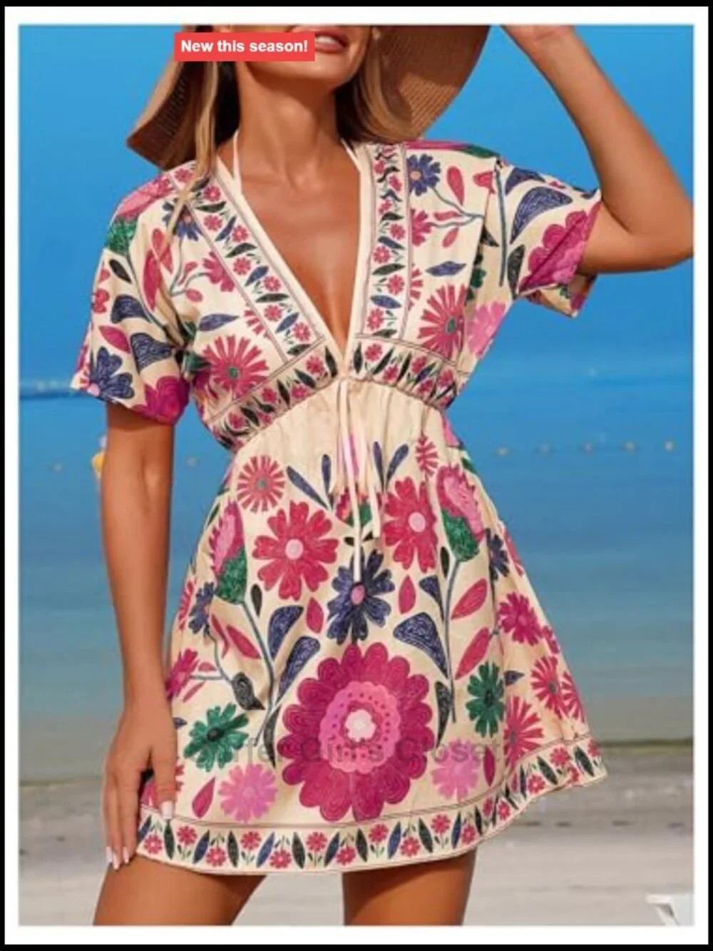 Floral Tropical Swimsuit Cover Up Deep V Neck Short Sleeve Boho Beach Sun Dress